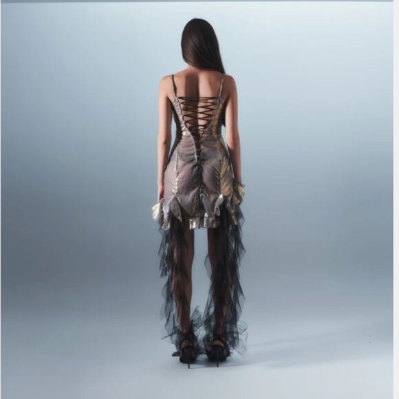 New AMOR MIA Mirrored Heart Dress in Gold & Black metallic asymmetrical mini - Picture 3 of 9